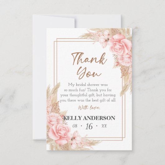 幾何学的なボーホー パンパス ローズゴールド ブライダルシャワー サンキューカード (正面)