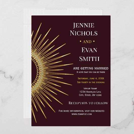 幾何学的なモダン太陽 |プラムの背結婚景 箔招待状 (封筒)