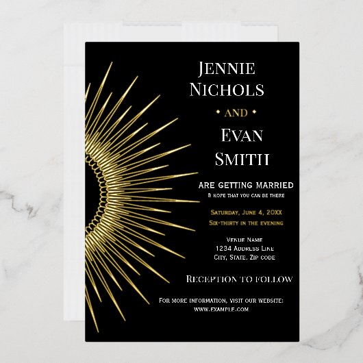 幾何学的なモダン太陽 |暗い背結婚景 箔招待状 (封筒)