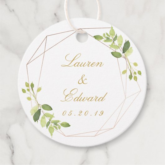 幾何学的なモダン緑のカスタムウェディングラウンド フェイバータグ (正面)