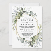 幾何学的なモダン緑の金ゴールド結婚の数 招待状 (正面)