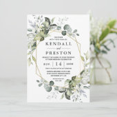 幾何学的なモダン緑の金ゴールド結婚の数 招待状 (スタンド正面)