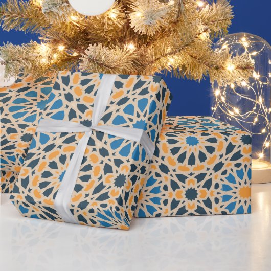 幾何学的なモロッコタイルとオレンジ柄 ラッピングペーパー (クリスマス)