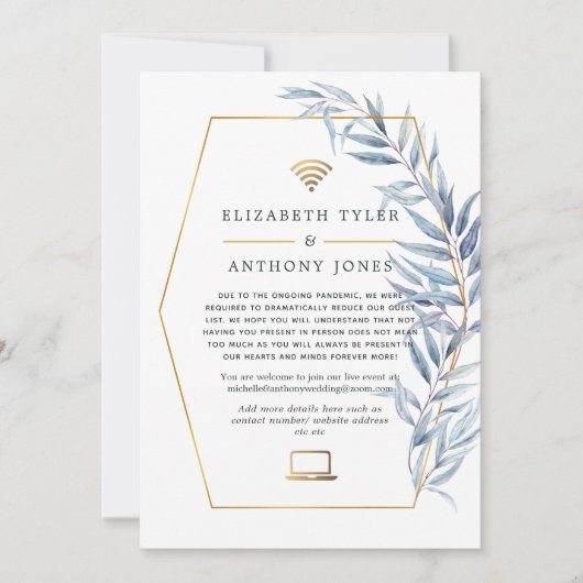 幾何学的なユーカリのバーチャル結婚式ゲストリスト 案内状 (正面)