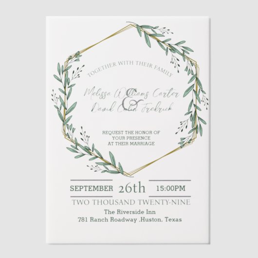 幾何学的なユーカリの植物グリーンのウェディング ベラム紙招待状 (正面)