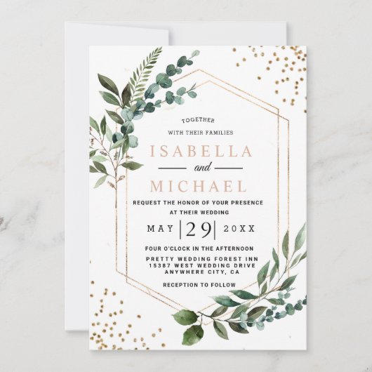 幾何学的なユーカリの結婚式の招待状 ラスティックでおしゃれなデザイン 招待状 (正面)