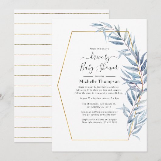 幾何学的なユーカリの葉のドライブバイシャワー 招待状 (正面/裏面)