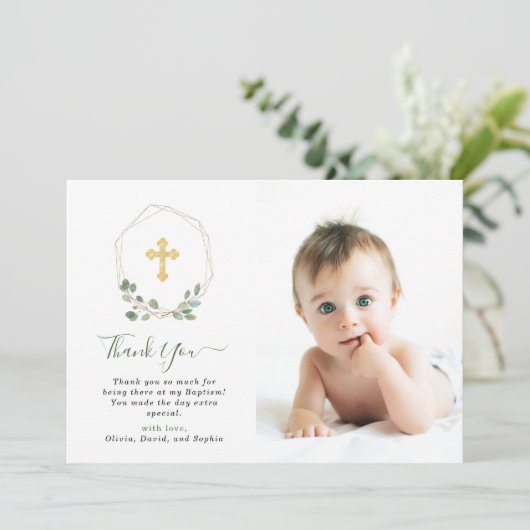 幾何学的なユーカリは|の洗礼の写真を交差させ、 サンキューカード (スタンド正面)