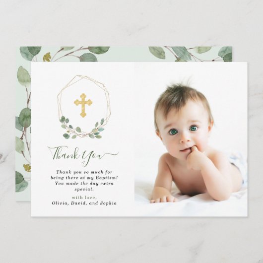幾何学的なユーカリは|の洗礼の写真を交差させ、 サンキューカード (正面/裏面)