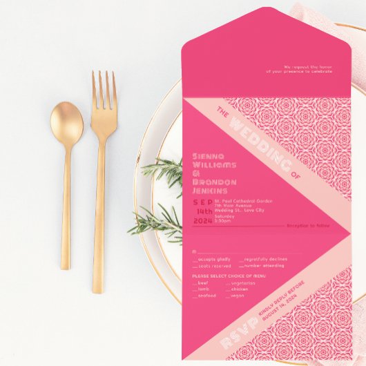 幾何学的なローズ レッド オールインワン ウェディング 招待状