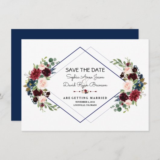 幾何学的なワインレッドとネイビーブルーの花のSave The Date セーブザデート (正面/裏面)