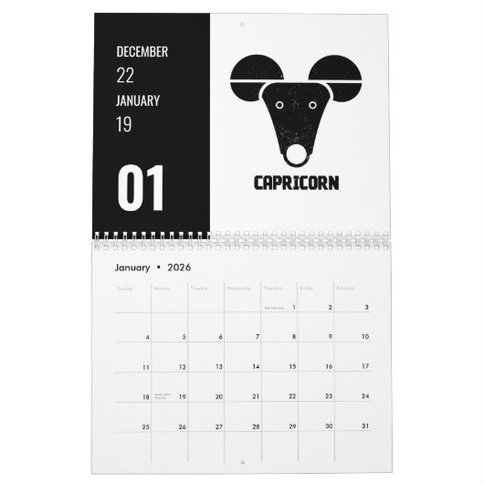 幾何学的なヴェーダ〔占星術の〕十二宮図-12月順のラシ カレンダー (1月 2026)