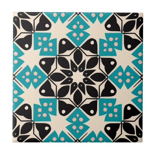 幾何学的な万華鏡ティール(緑がかった色)ブルーホワイトモザイク タイル (正面)