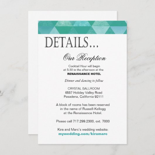 幾何学的な三角形の披露宴は|のティール(緑がかった色)を詳しく述べます 招待状 (正面/裏面)