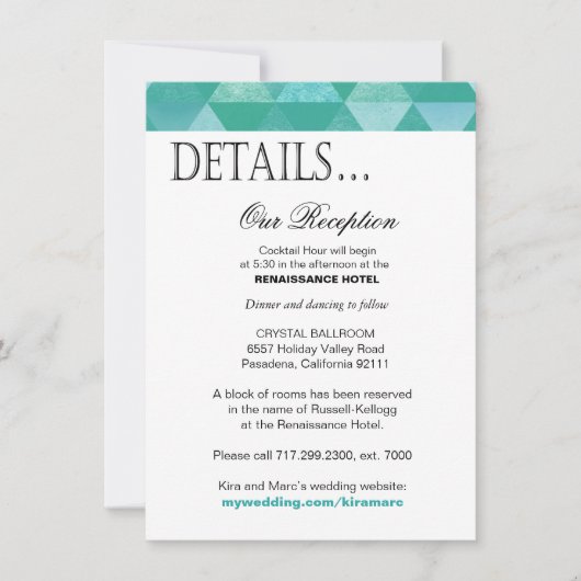 幾何学的な三角形の披露宴は|のティール（緑がかった色）を詳しく述べます 招待状 (正面)