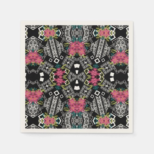 幾何学的な上にピンクの花の花束 スタンダードカクテルナプキン (正面)