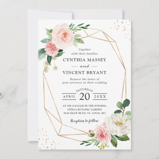 幾何学的な優雅さが漂う、ピンクの花のウェディング 招待状 (正面)