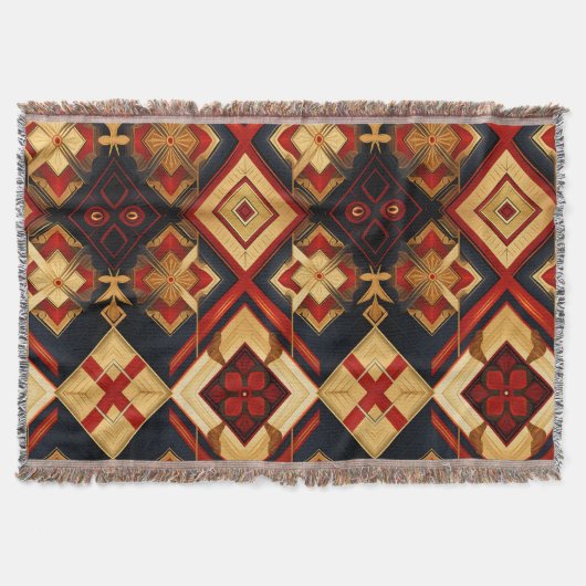 幾何学的な優雅さ シームレスパターン 赤 ゴールド 黒 スローブランケット (正面)