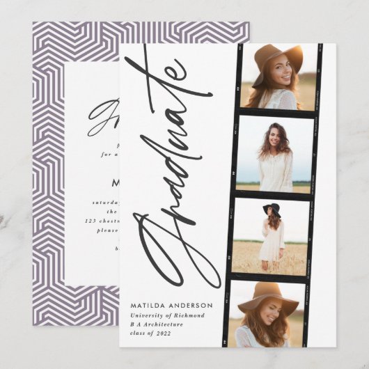 幾何学的な写真のタイポグラフィ紫の卒業 案内状 (正面/裏面)