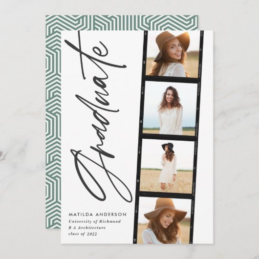 幾何学的な写真タイポグラフィセージ緑の卒業 案内状 (正面/裏面)