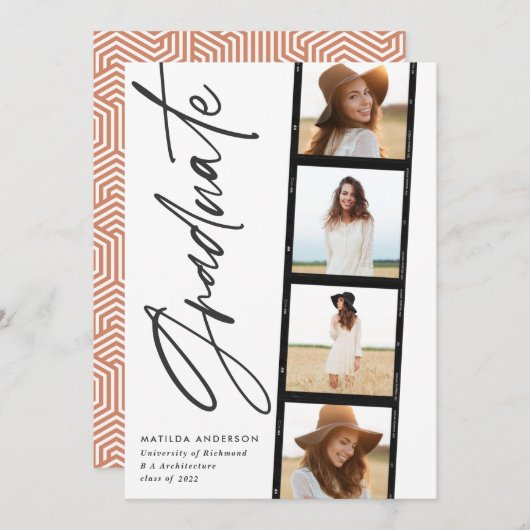 幾何学的な写真タイポグラフィテラコッタ卒業 案内状 (正面/裏面)