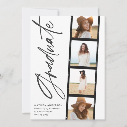 幾何学的な写真タイポグラフィ白黒の卒業 案内状 (正面)