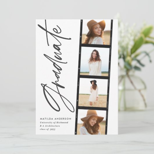 幾何学的な写真タイポグラフィ白黒の卒業 案内状 (スタンド正面)