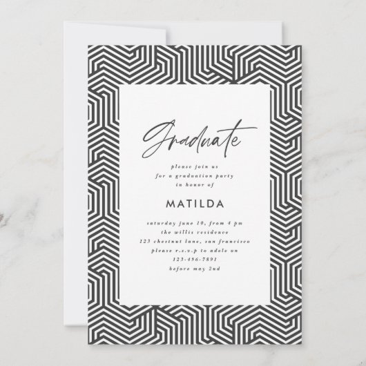 幾何学的な写真タイポグラフィ白黒の卒業 案内状 (裏面)