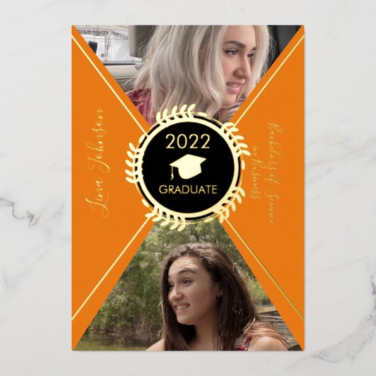 幾何学的な卒業金ゴールドプレス発表 箔招待状 (正面)