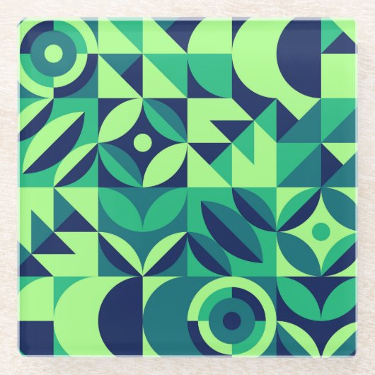 幾何学的な壁画：モダンなヴィンテージスタイルのデザイン。 ガラスコースター (正面)