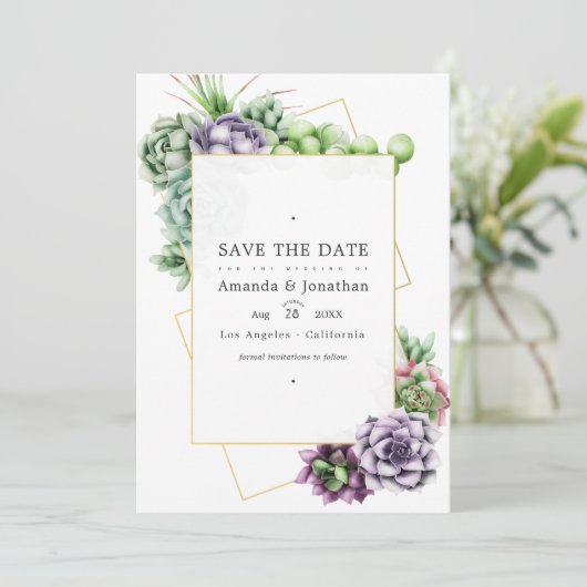 幾何学的な多肉植物のウェディングフォト セーブザデート (スタンド正面)