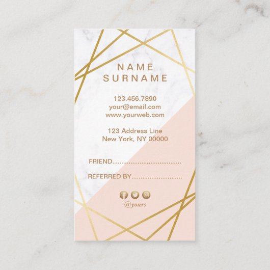 幾何学的な大理石の金ゴールドの淡いピンクの縦の紹介 名刺 (裏面)