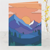幾何学的な山の夕日 カード (黄色い花)