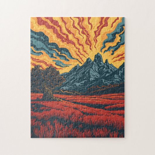 幾何学的な山の峰と赤いフィールドのグラフィックアート ジグソーパズル (縦)