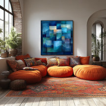 幾何学的な山の風景アート – 青とティール（緑がかった色）