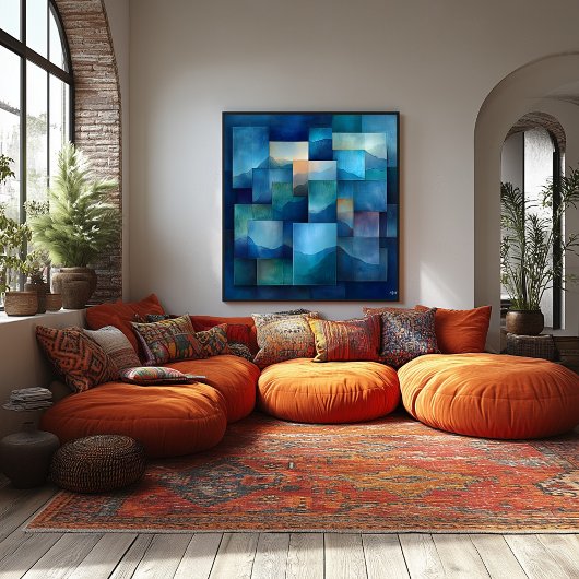 幾何学的な山の風景アート – 青とティール（緑がかった色） ポスター