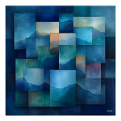 幾何学的な山の風景アート – 青とティール（緑がかった色） ポスター (正面)