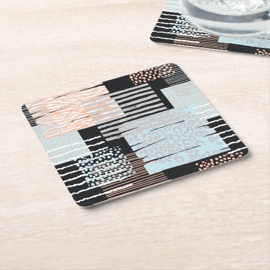幾何学的な形状とストライプ スクエアペーパーコースター (アングル)