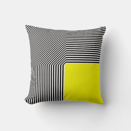 幾何学的な抽象化、B/Wストライプの黄色の正方形 クッション (正面)