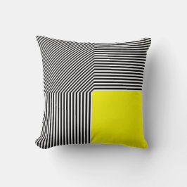 幾何学的な抽象化、B/Wストライプの黄色の正方形 クッション