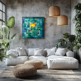 幾何学的な景観アート – ティール（緑がかった色）と金ゴールド夕日 ポスター