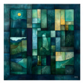 幾何学的な月に照らされた風景アート – ティール（緑がかった色）と緑 ポスター (正面)