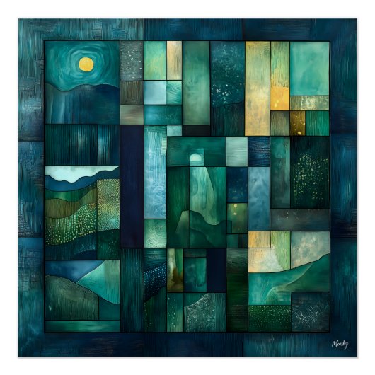 幾何学的な月に照らされた風景アート – ティール（緑がかった色）と緑 ポスター (正面)