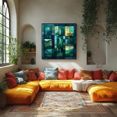 幾何学的な月に照らされた風景アート – ティール（緑がかった色）と緑 ポスター