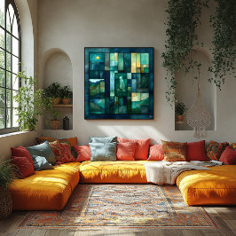 幾何学的な月に照らされた風景アート – ティール（緑がかった色）と緑 ポスター