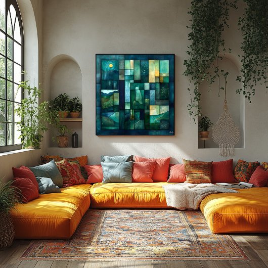 幾何学的な月に照らされた風景アート – ティール（緑がかった色）と緑 ポスター