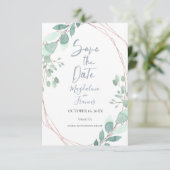 幾何学的な枠に繊細な緑の装飾 Save the Date 招待状 (スタンド正面)