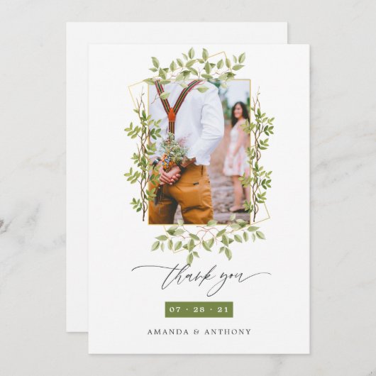 幾何学的な森の結婚緑の写真コラージュ サンキューカード (正面/裏面)