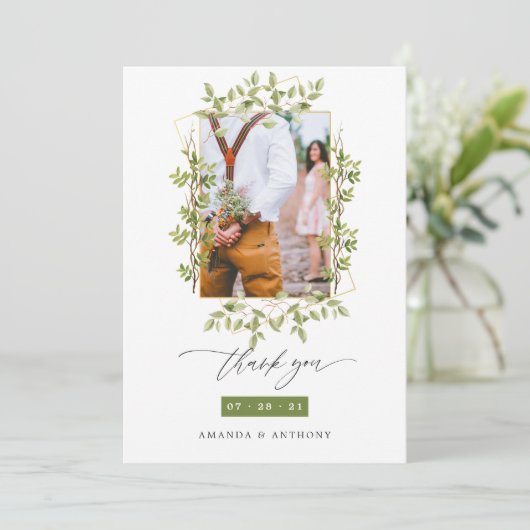 幾何学的な森の結婚緑の写真 サンキューカード (スタンド正面)
