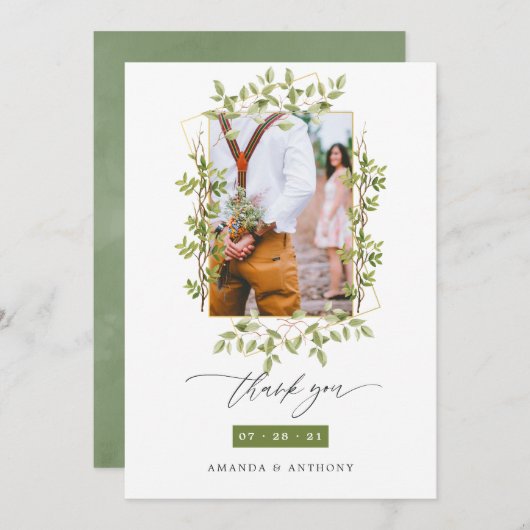 幾何学的な森の結婚緑の写真 サンキューカード (正面/裏面)